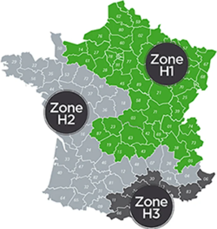Carte des zones climatiques françaises H1, H2 et H3